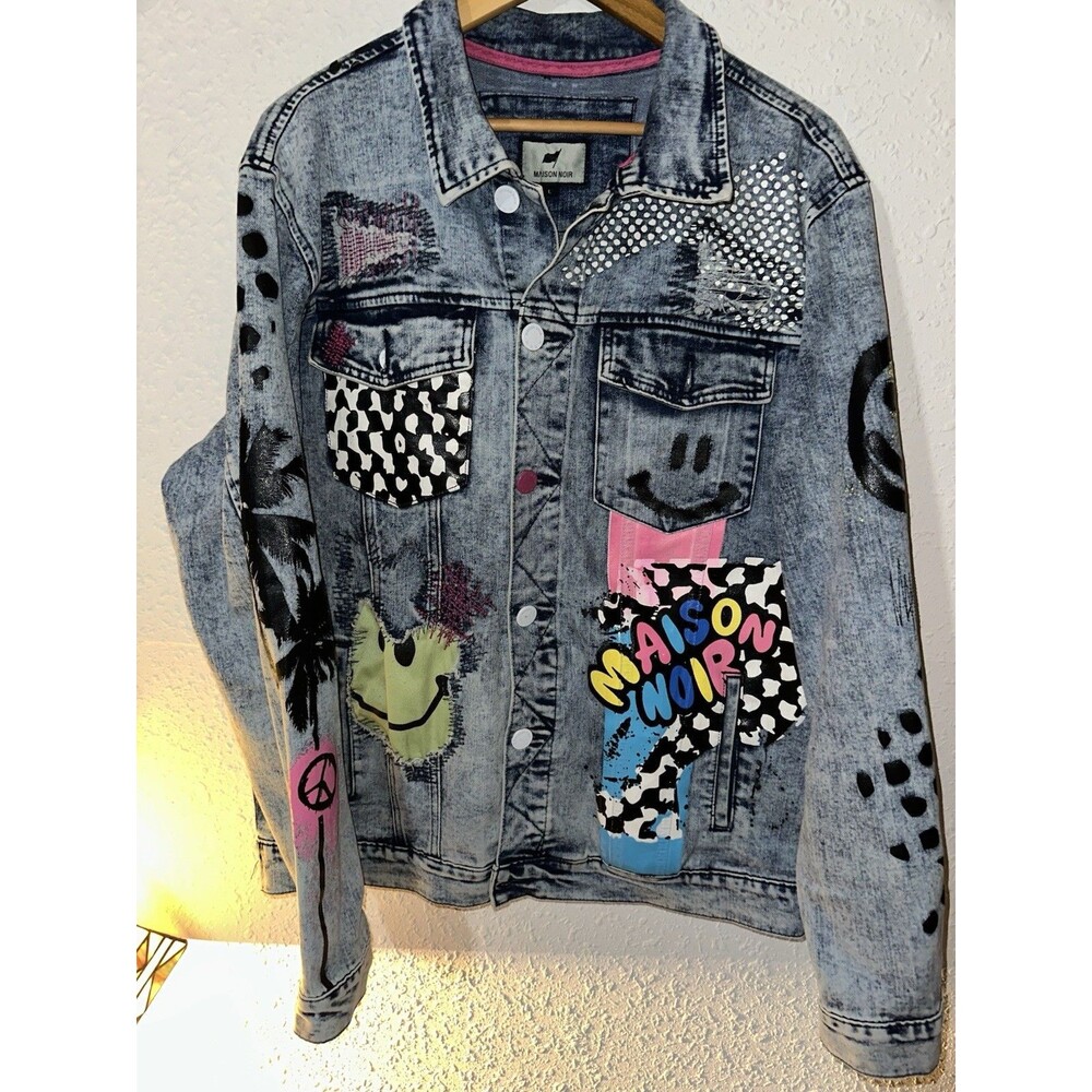 Madison Noir Oversized Denim Jacket All Over Graffiti Print Smile Face Women’s L
